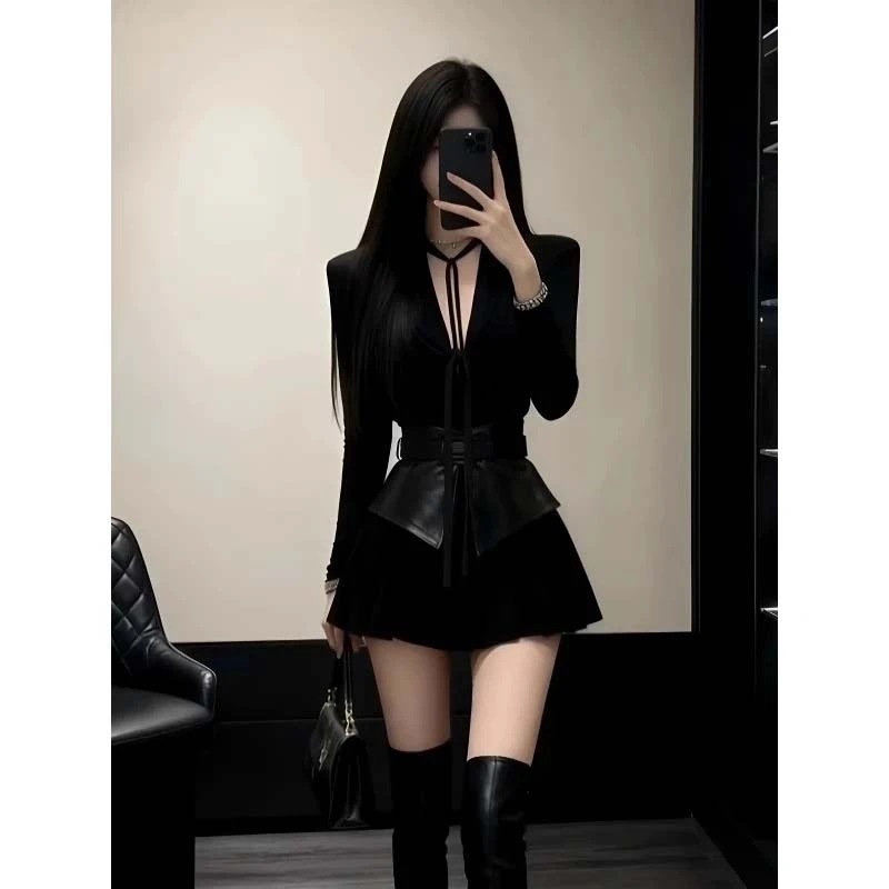 【两件套】【含腰带】辣妹风系带收腰上衣a字短裙两件秋冬套装QY0246