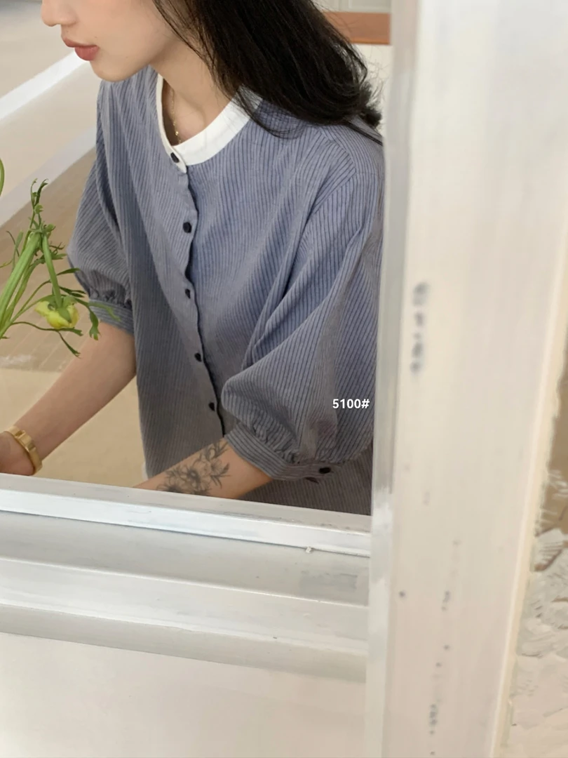 韩系圆领条纹衬衫女短袖衬衫 5100