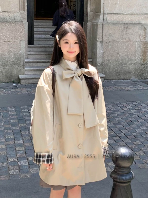AURA卡其格纹拼接复古蝴蝶结中长款百搭宽松风衣外套女