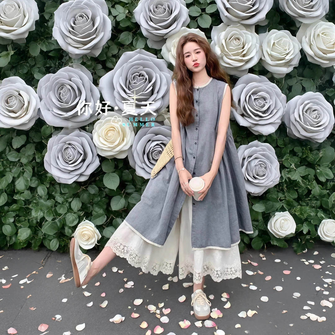 AMANLIN专属韩系文艺无袖背心裙叠穿阔腿裤子气质减龄套装女