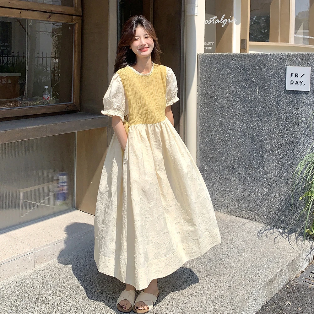 超好看甜美减龄重工提花大摆长裙女2025夏季新款泡泡袖拼色连衣裙