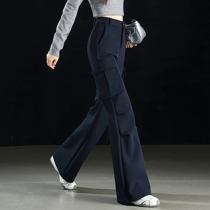 藏青色微喇工装裤女秋冬2025新款加厚显瘦休闲美式伞兵喇叭登山裤