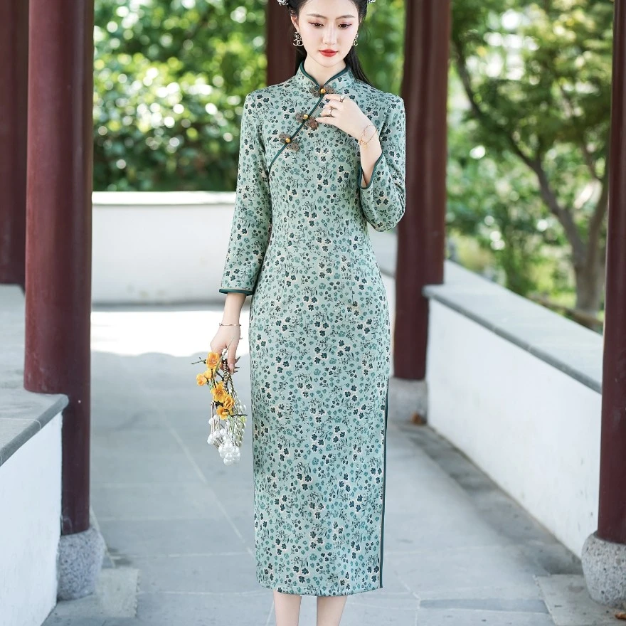 【国色美人】上上喜单层加厚保暖修身时尚少女优雅长旗袍
