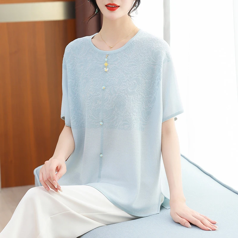 中年妈妈洋气夏装短袖t恤女2025新款夏季宽松新中式上衣气质大码