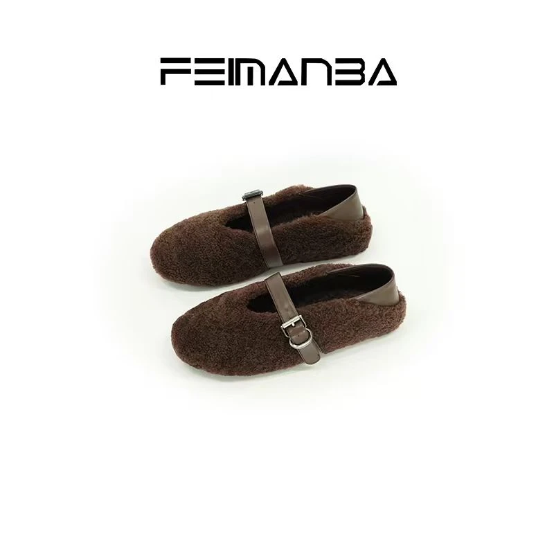 FEIMANBA 一字带玛丽珍加绒平底女鞋