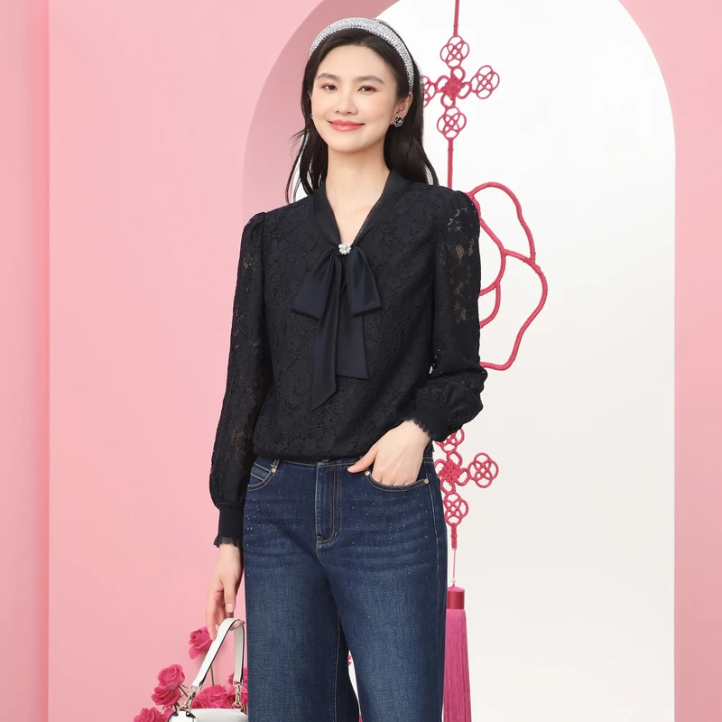 【晨粉专享价】珂莱蒂尔春新款舒适镂空蕾丝小清新针织衫KZ03370P7