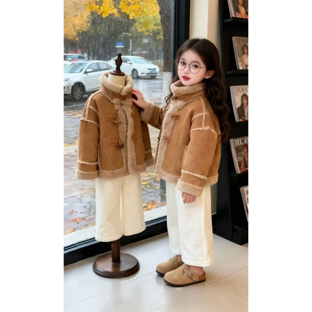 女童韩系加厚加绒外套秋冬2025新款儿童女宝洋气时髦皮毛一体冬季