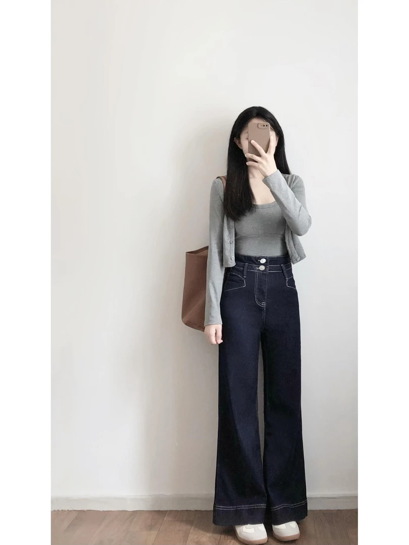 【悸动】韩系秋季新款灰色长袖开衫吊带背心显瘦穿搭牛仔裤套装