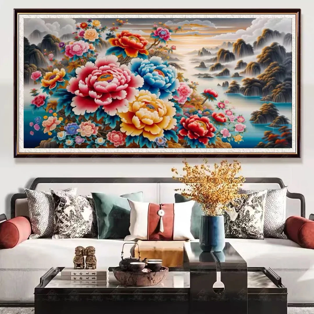 纯手工十字绣成品花开富贵花墨茗轩流水生财客厅山水画223×103厘