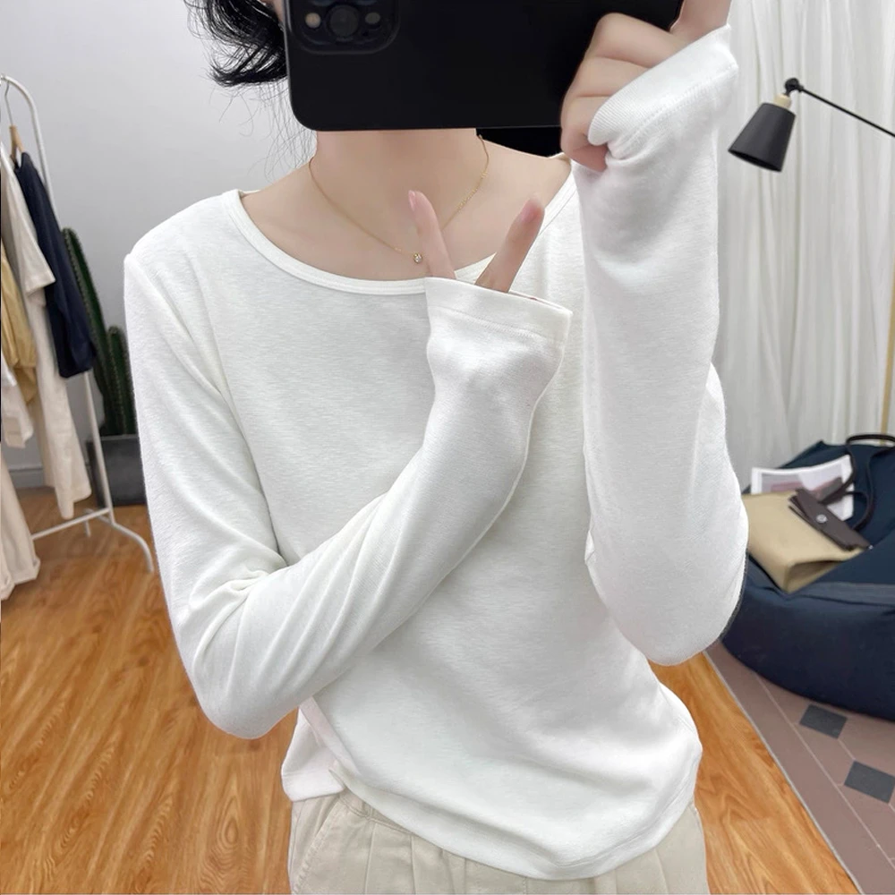 春秋时尚大圆领棉质长袖T恤女式内搭上衣2026新款纯色打底衫体恤