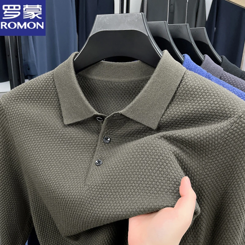 罗蒙春秋季翻领T恤中年男士爸爸装商务休闲POLO衫纯色百搭打底衫