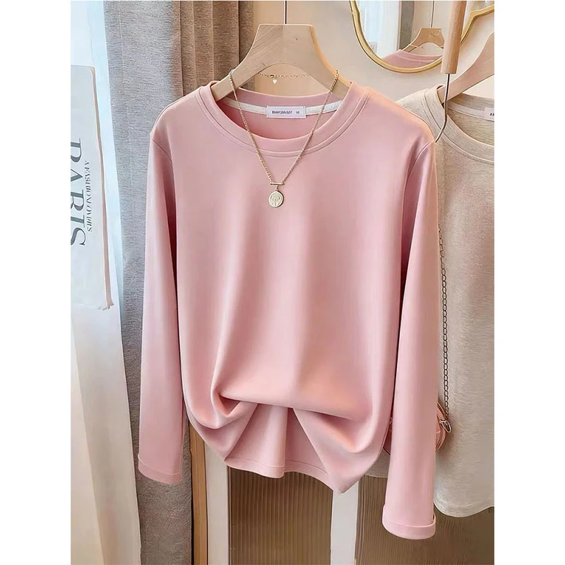 爆款正肩磨毛长袖t恤女装时尚藕粉色百搭加厚内搭打底衫上衣服秋