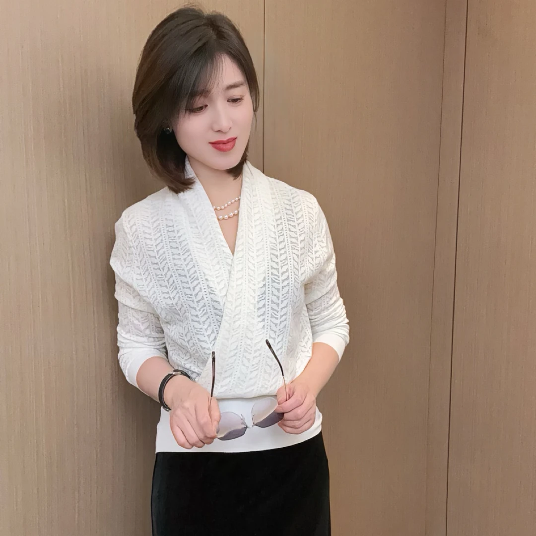柏澜慧琳【轻职风上衣】休闲长袖女V领时尚短款毛针织衫通勤风