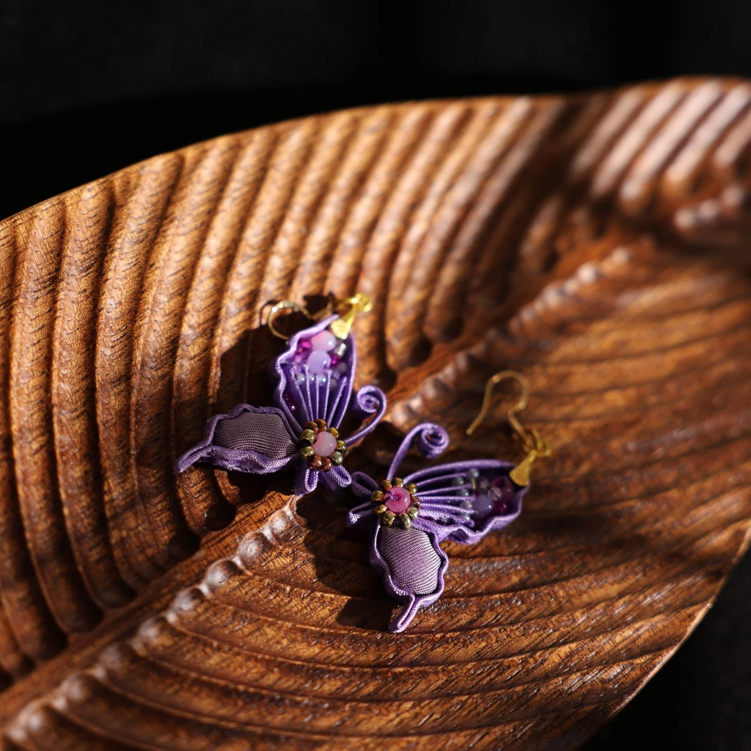 非金属布艺耳饰 E0002新中式盘扣甜美耳环气质清新素款蝴蝶耳环