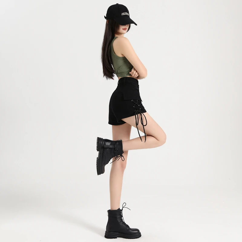 拉夏贝尔辣妹抽绳工装牛仔短裤女春夏季高腰修身显瘦黑色a字热裤