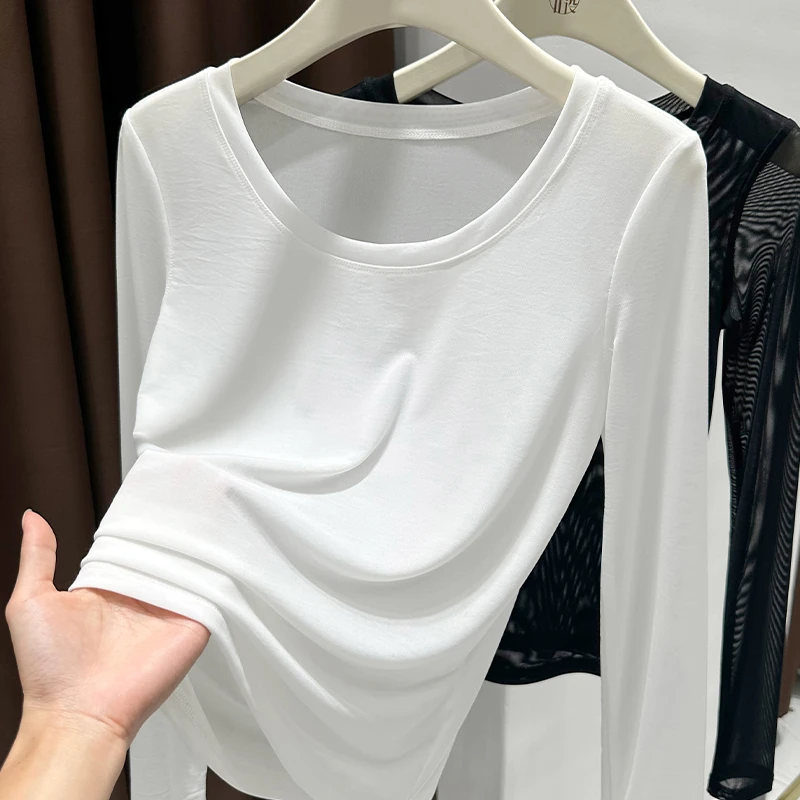 白色基础款圆领网纱长袖打底衫女士2025夏季内搭薄款透气T恤上衣