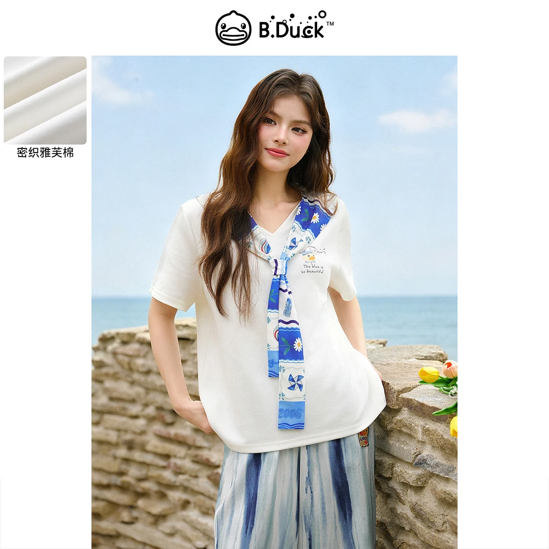 【海风来信】B.Duck小黄鸭2026夏季海军领印花飘带宽松短袖T恤女