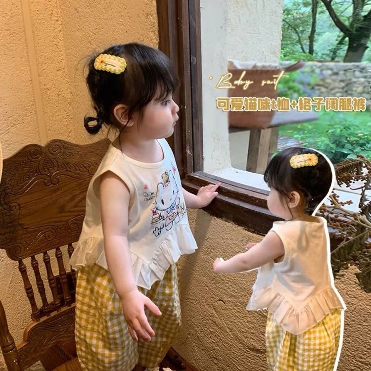 女童套装夏季2025新款儿童宝宝花边kt猫无袖背心格子防蚊裤两件套