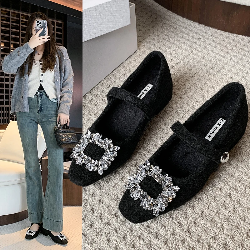 法式粗跟水钻玛丽珍鞋女配裙子棉单鞋2024春秋新款气质高跟晚晚鞋