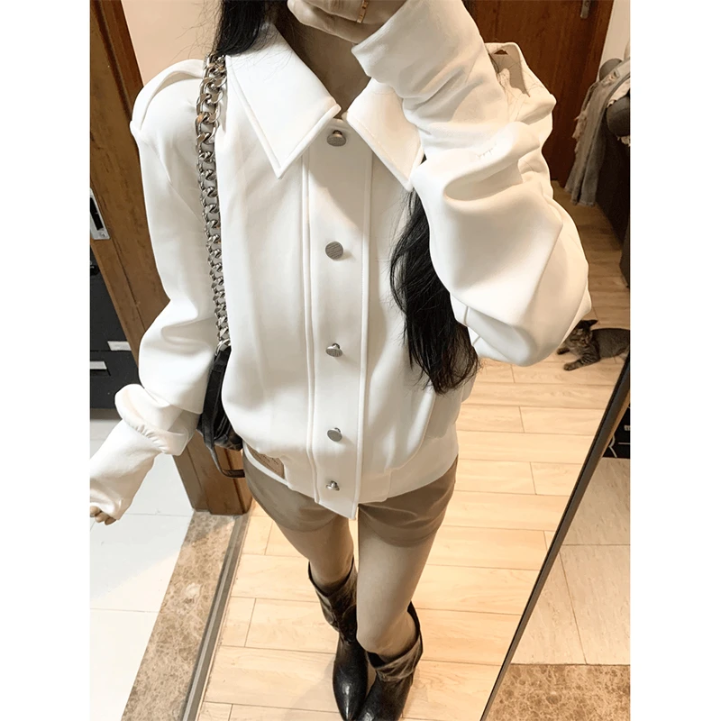 韩系高级感白色立领夹克薄外套女春秋季2025新款美式宽松短款上衣