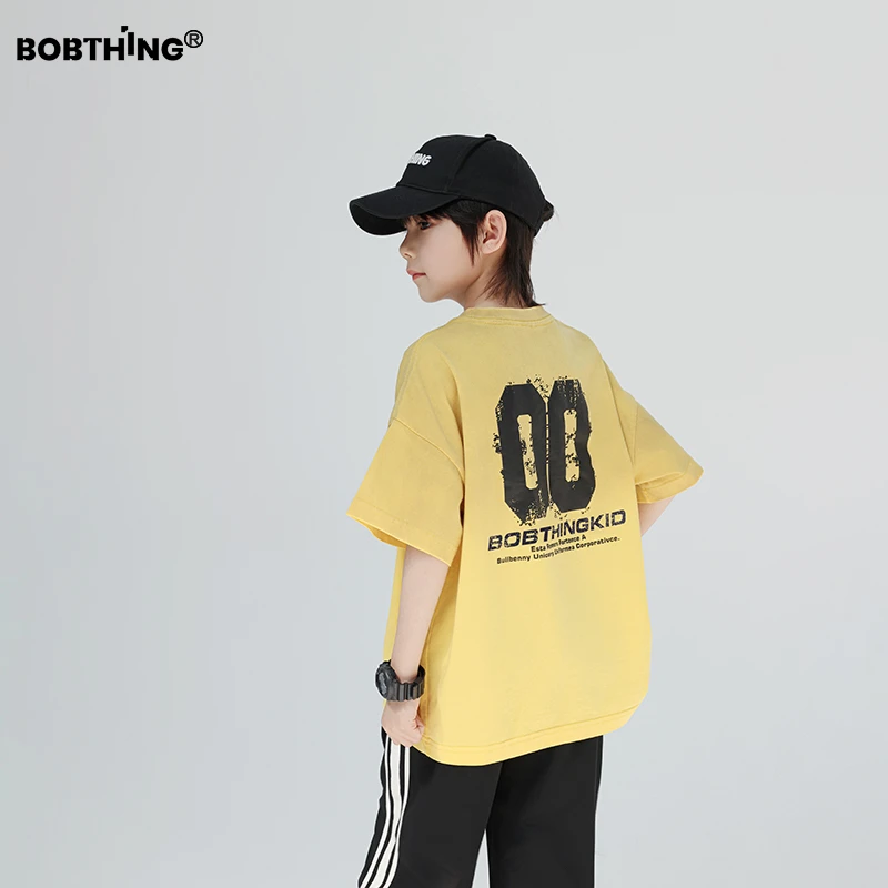 男童夏装2025新款儿童装数字黄色短袖T恤衫中大童纯色半袖体恤衫