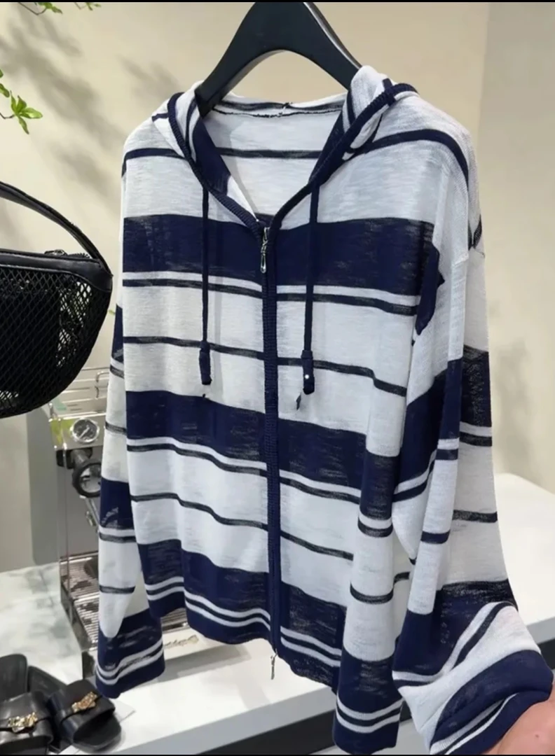 2858大码早秋拉链连帽撞色条纹显瘦时尚胖mm百搭宽松长袖女针织衫