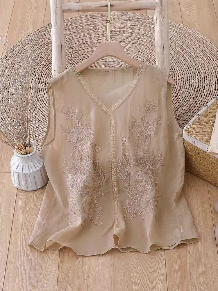 新款棉麻薄款刺绣上衣夏清凉透气吊带背心内搭纯色V领背心无袖