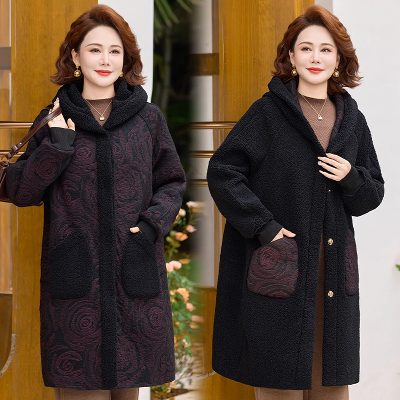 妈妈冬装外套加绒加厚保暖棉衣中老年秋冬双面穿时尚毛呢大衣女