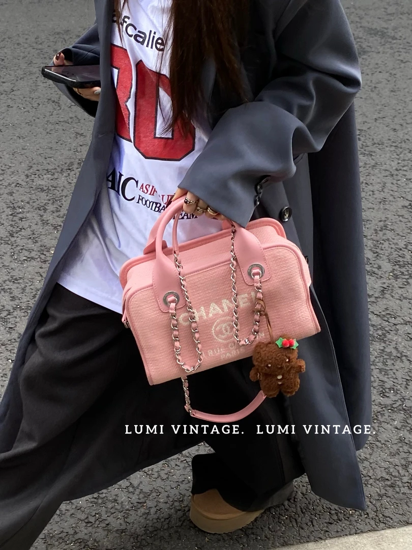 95新 Chanel/香奈儿 22c粉色帆布拼皮沙滩保龄球包 46750733