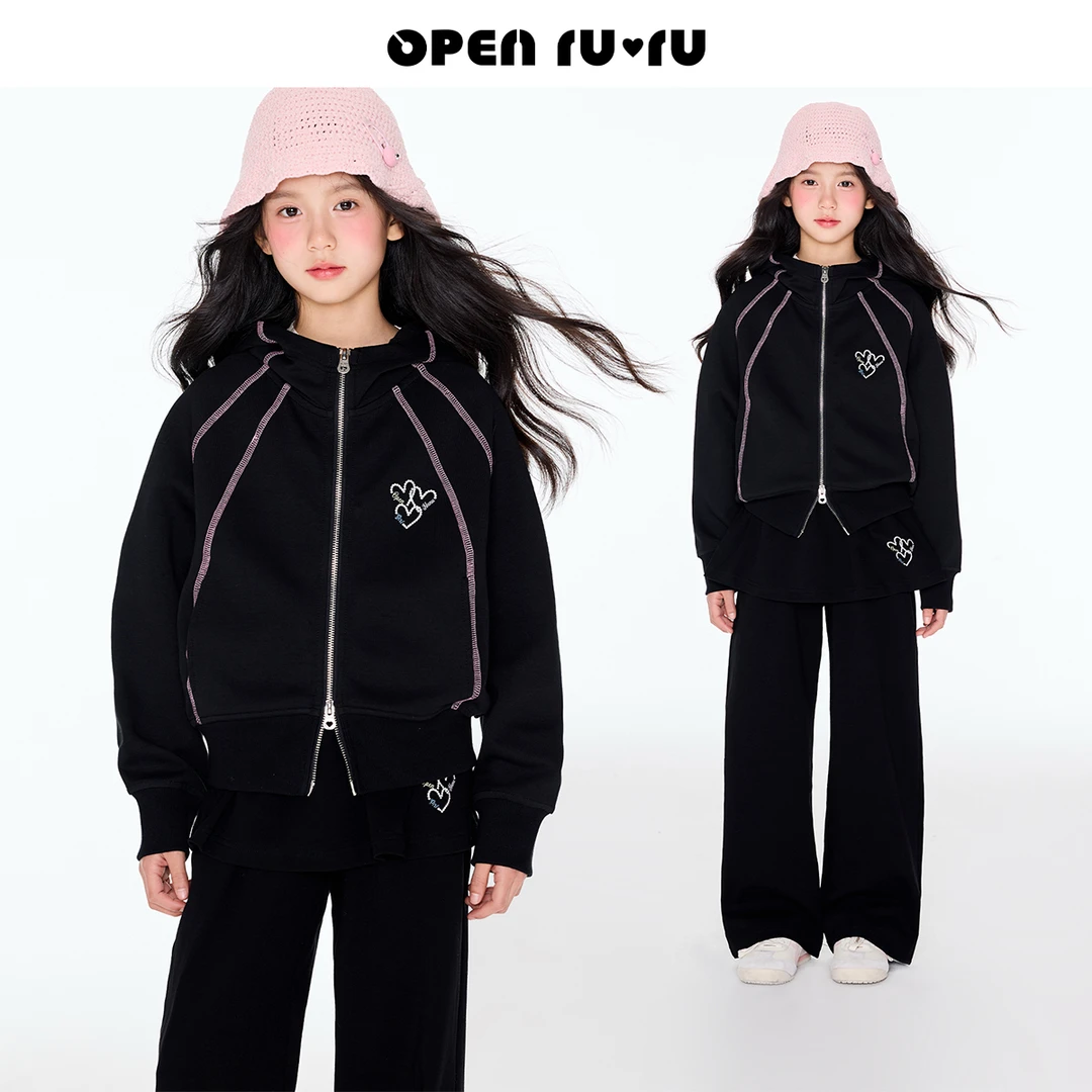 Opennunu女童爱心印花连帽上衣春季儿童设计感黑色运动卫衣外套