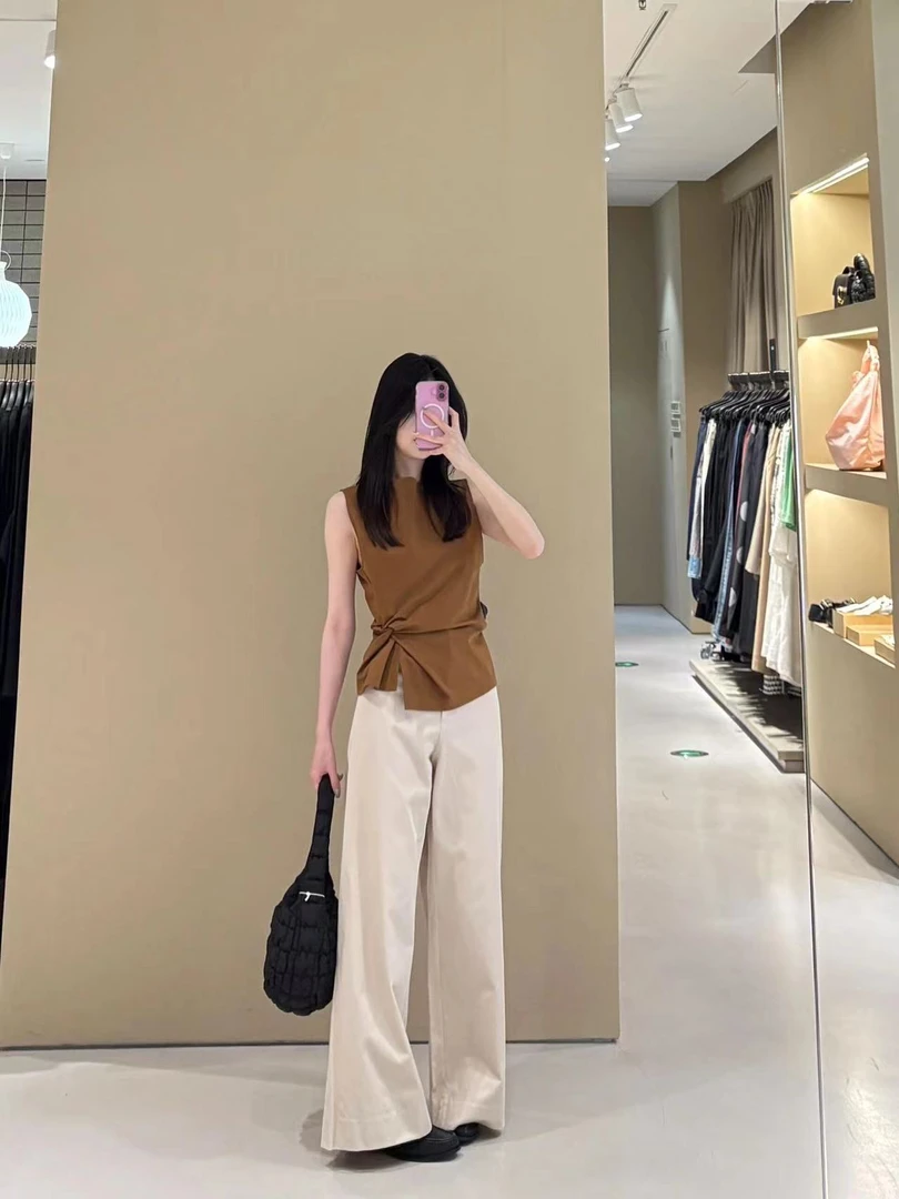 2025夏季新款韩系气质简约单边捏褶纹理背心白色高腰阔腿裤两件套
