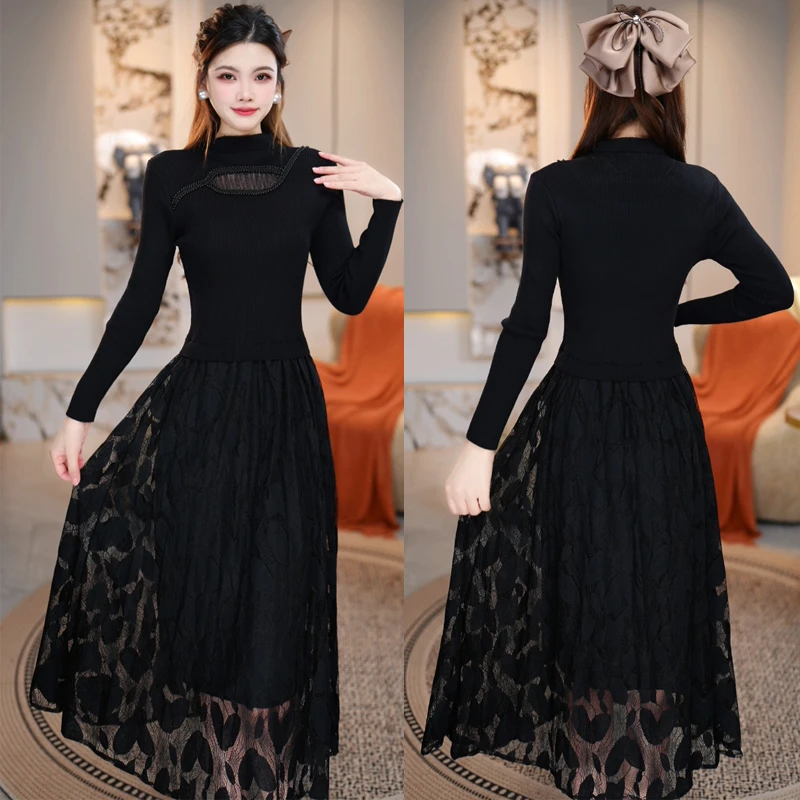 2025年秋冬新款气质修身收腰显瘦优雅洋气中长款假两件打底连衣裙