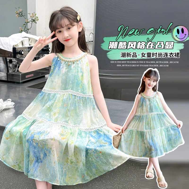 童装新款2025夏时尚2025新款夏季甜美绿色背心裙女童品质儿童服装