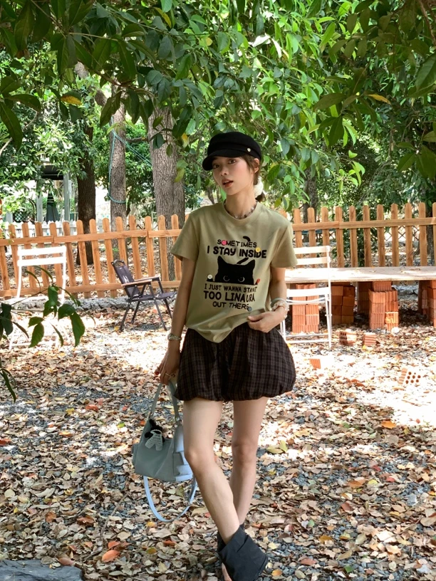 【国内现货】「花苞短裤 」格子碰撞夏日短裤