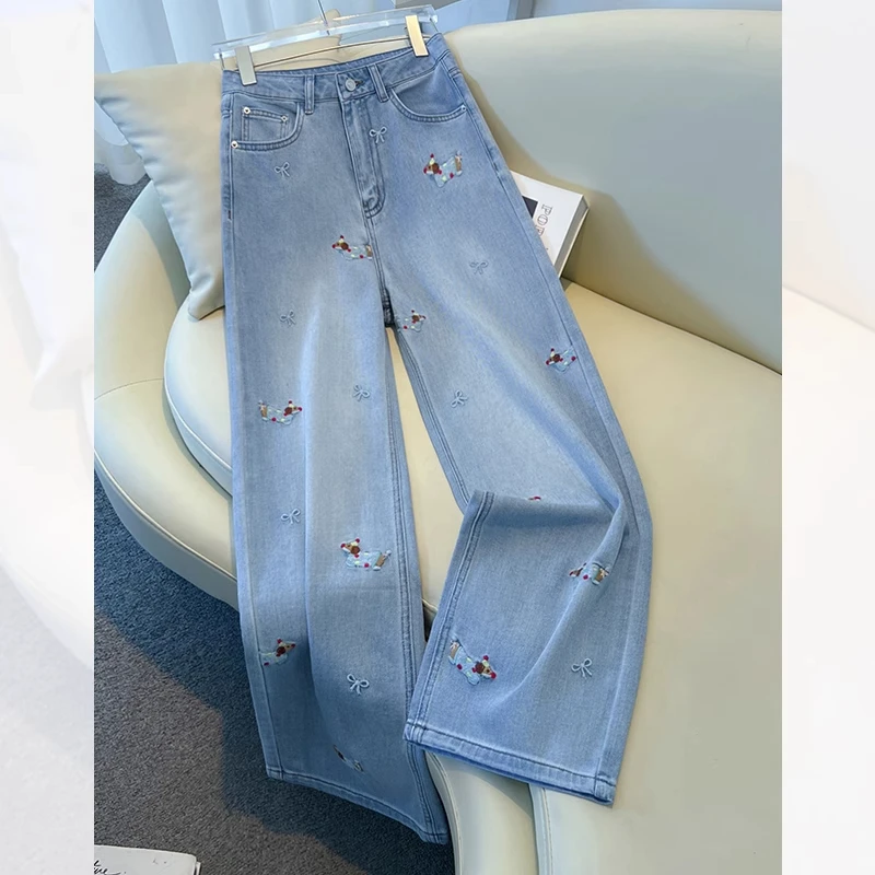 拉夏贝尔腊肠小狗刺绣直筒牛仔裤女春秋2025新款可爱风窄版阔腿裤