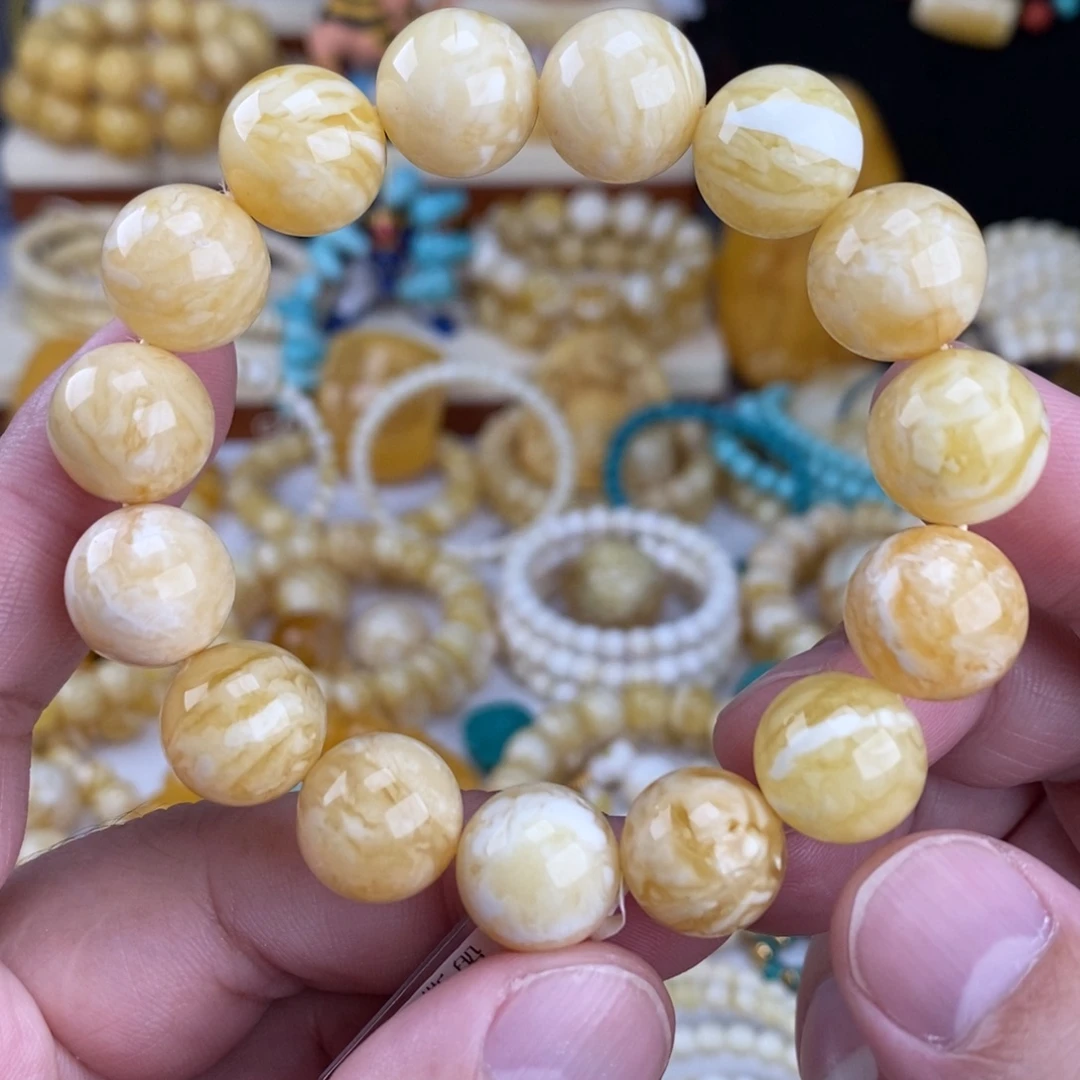 蜜蜡未镶嵌手链瓷白细纹蜡实虎皮纹14.3mm圆珠
