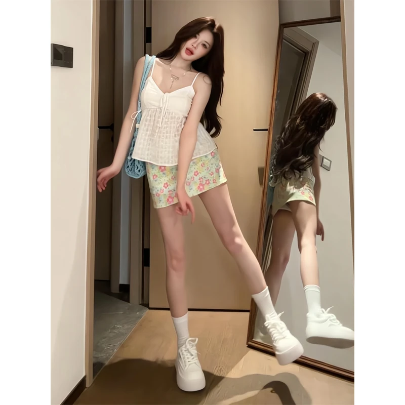 微透蝴蝶结吊带背心宽松显瘦无袖上衣花卉半身裙油画感包臀小短裙