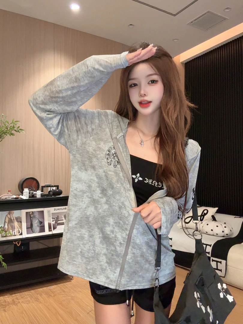 李馨儿【水墨开衫 】百搭宽松韩版洋气网红夏季长袖衬衫薄款连帽