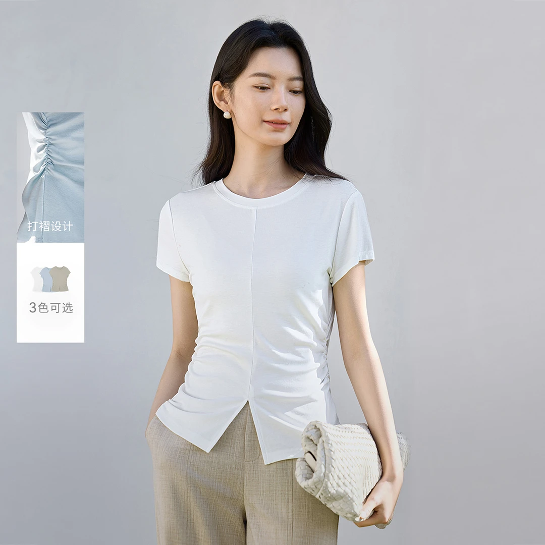 IHIMI/海谧凉感弹力显瘦T恤25夏简约老钱风亲肤短袖女03013