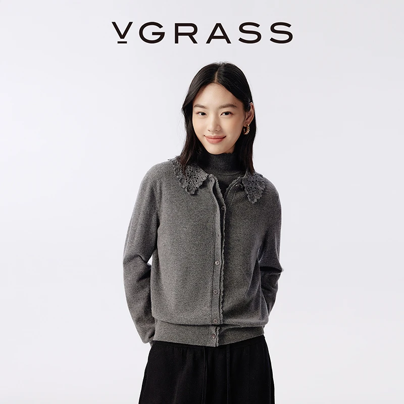 【WISH系列】VGRASS25早秋新款手钩娃娃领羊毛羊绒秋穿搭针织开衫