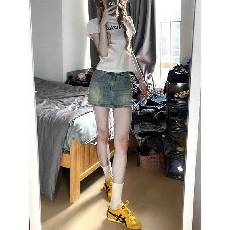 水洗做旧牛仔半身短裙女夏季新款防走光高腰修身显瘦a字包臀裙子