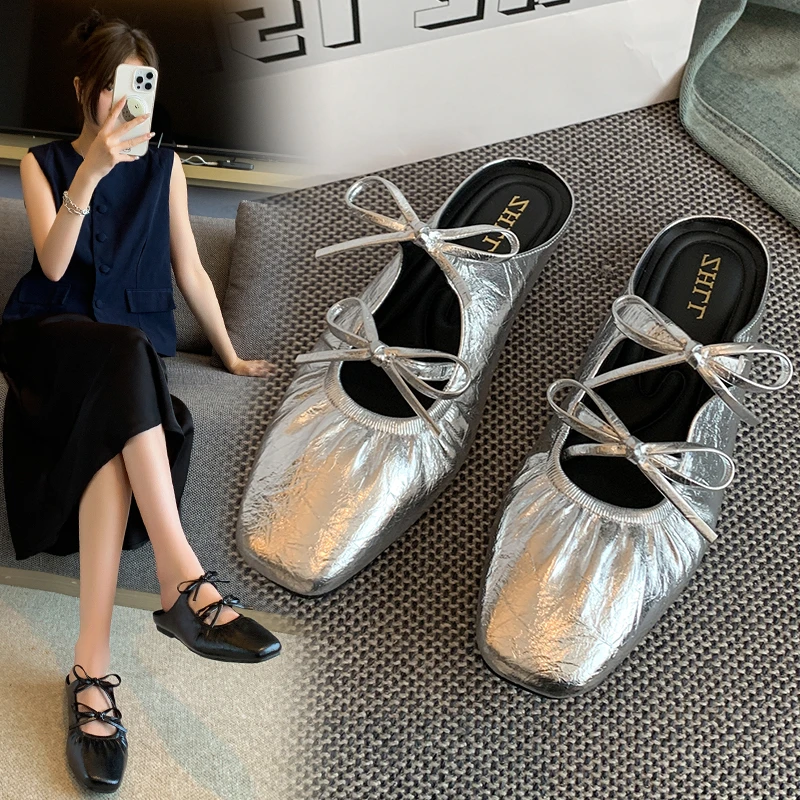 紫幻玲珑大码女鞋41—43平底包头半拖鞋女玛丽珍法式银色浅口单鞋
