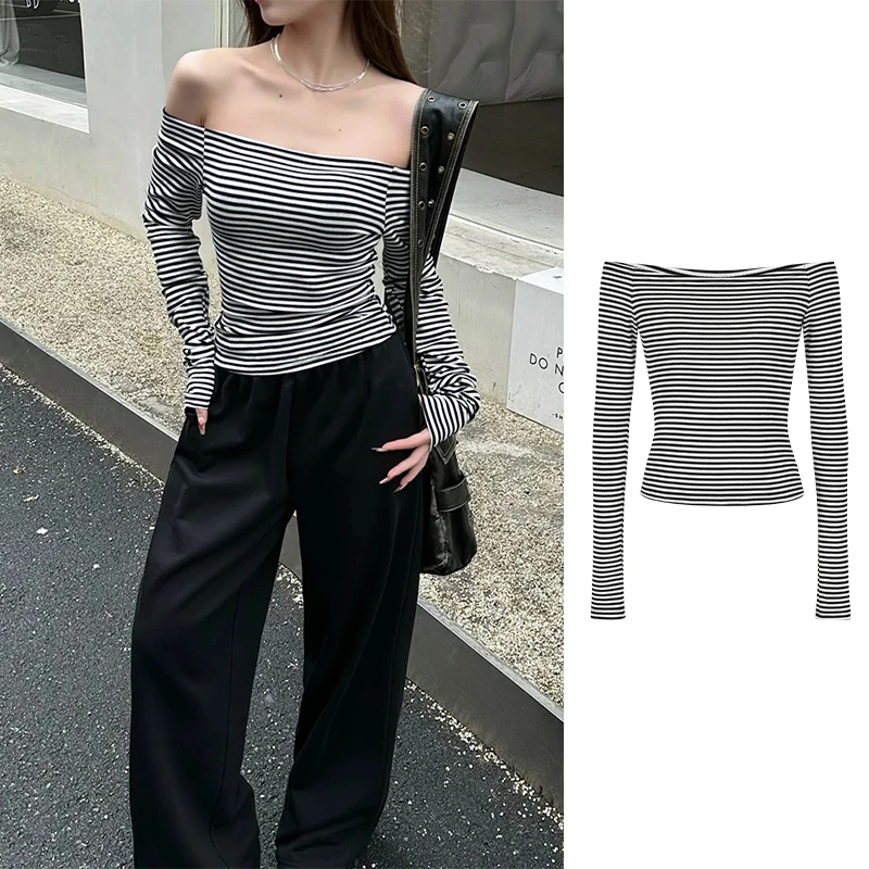 Moses Queen/魔西女王一字肩条纹打底衫修身长袖T恤露锁骨上衣女