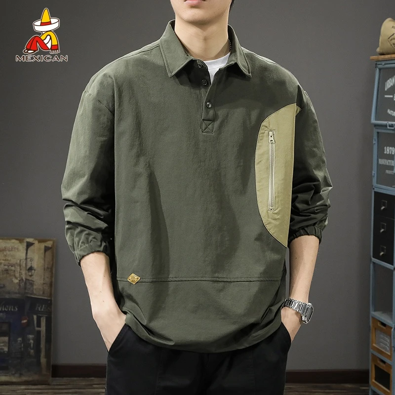 Mexican/稻草人秋季山系户外polo衫男款宽松休闲长袖衬衫上衣春秋