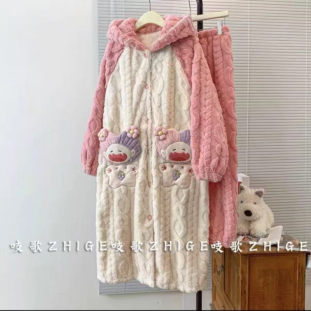 睡袍秋冬季连帽葡萄小怪加绒冬天保暖加厚毛茸茸女生睡衣家居服