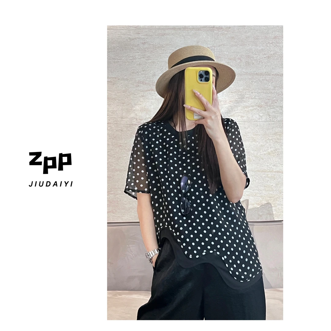 玖黛衣现货【波浪】新款夏季波点不规则宽松百搭短袖TXP41567