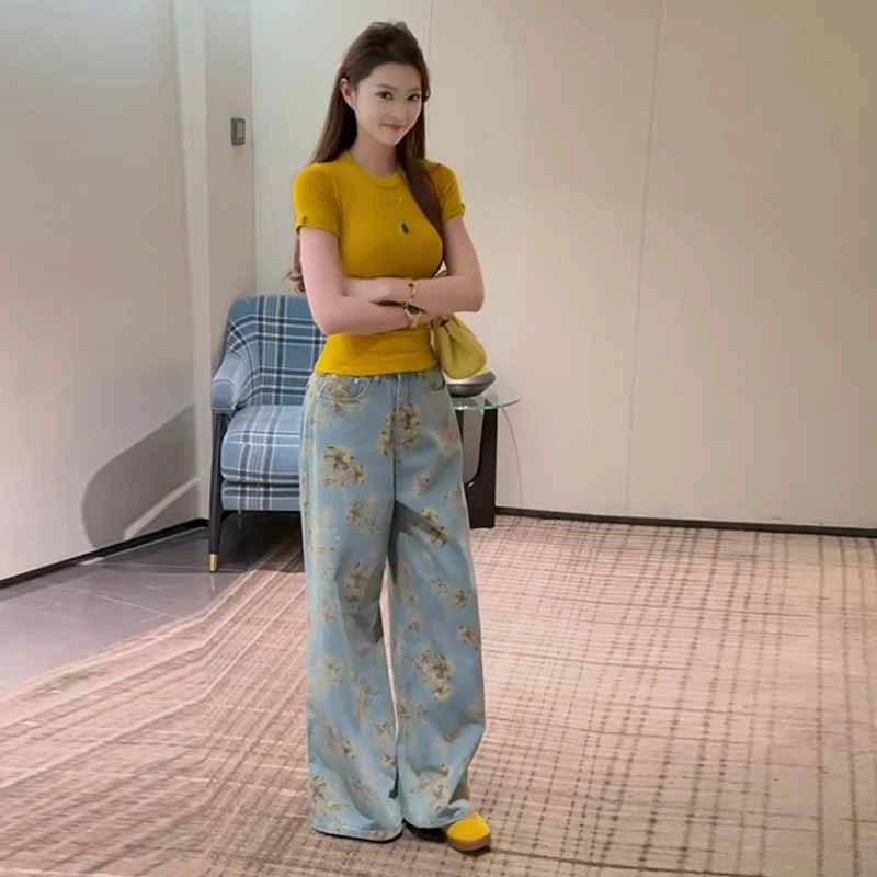 阔腿牛仔裤女款爆款2025新款宽松显瘦小个子小众炸街花色直筒裤子