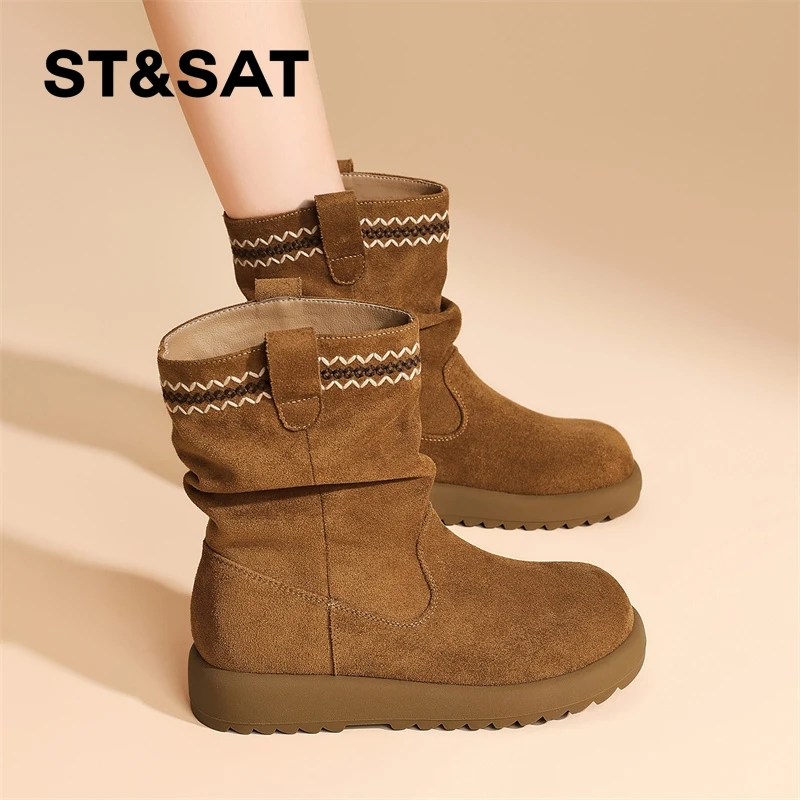 星期六秋冬短靴女单靴2025新款复古休闲牛仔靴西部中筒皱褶堆堆靴