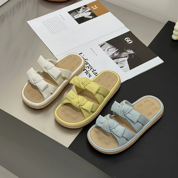 超软舒适~平底蝴蝶结凉拖鞋女夏季踩屎感甜美露趾沙滩一字拖外穿