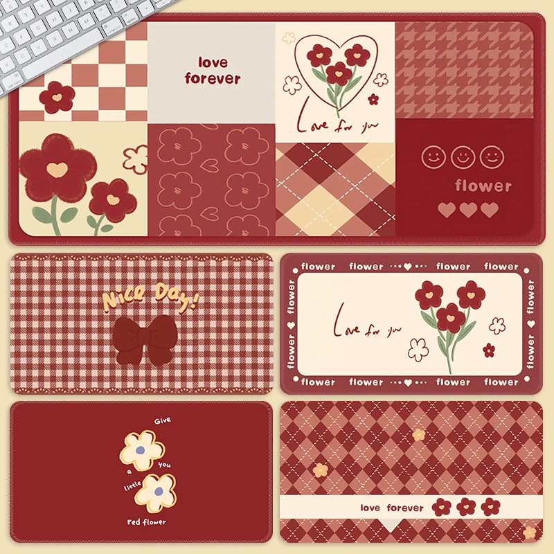 复古红色鼠标垫超大小红花电脑桌垫子女生办公桌垫宿舍电脑垫桌布